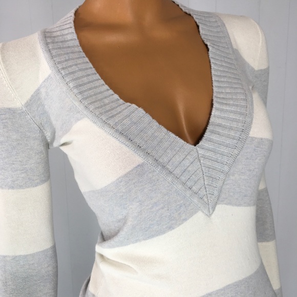 American Eagle Outfitters Sweaters - AE Gray White Deep V Neck Sweater XS Wide Striped
